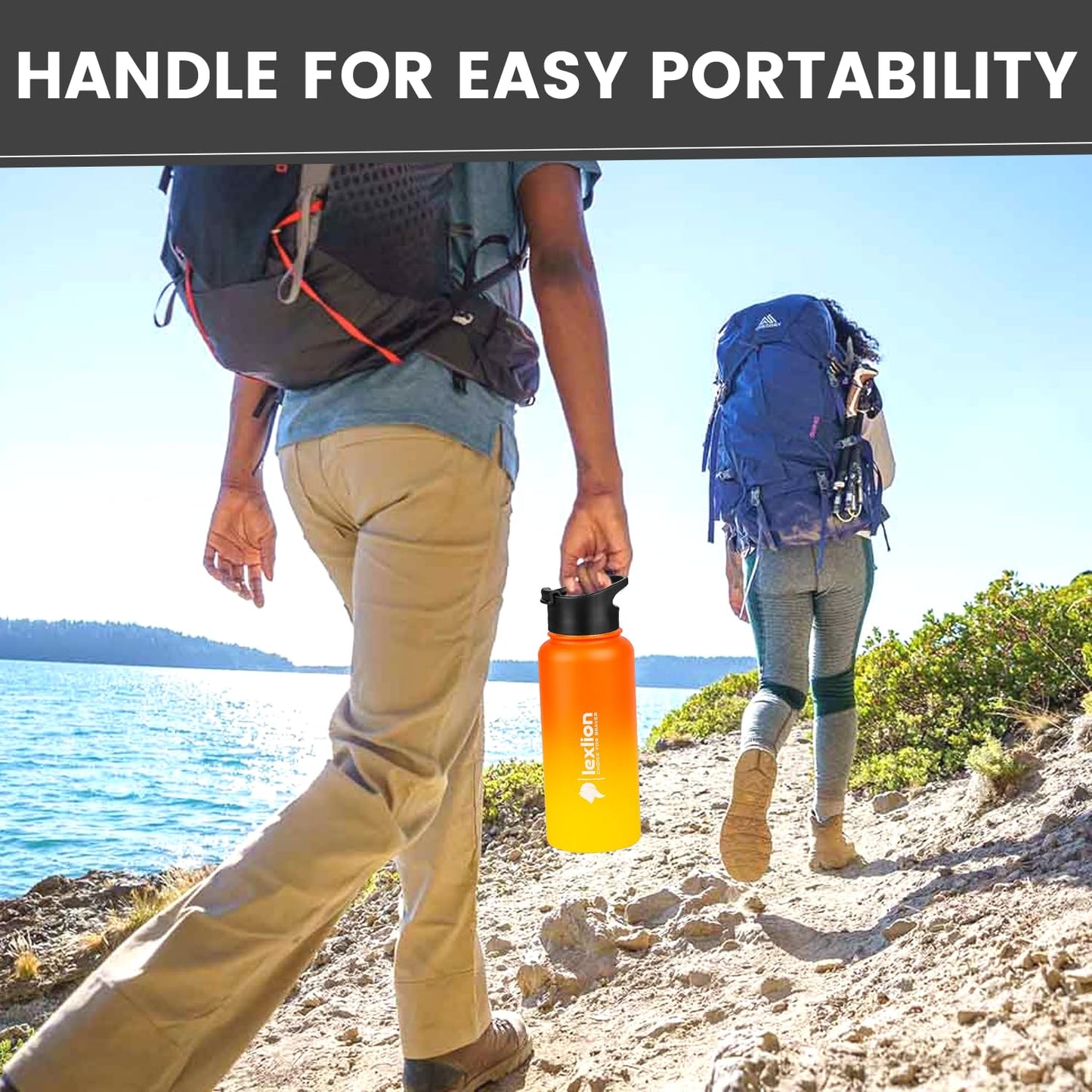 2 Water Bottle Lids W/Handle — Flip-Flop Lid & Stainless Steel Lid — Leak Proof & Insulated Gym Bottles Flip Lids for Wide Mouth Bottle — Compatible w/most Sports Water Bottle from 12-64 Oz