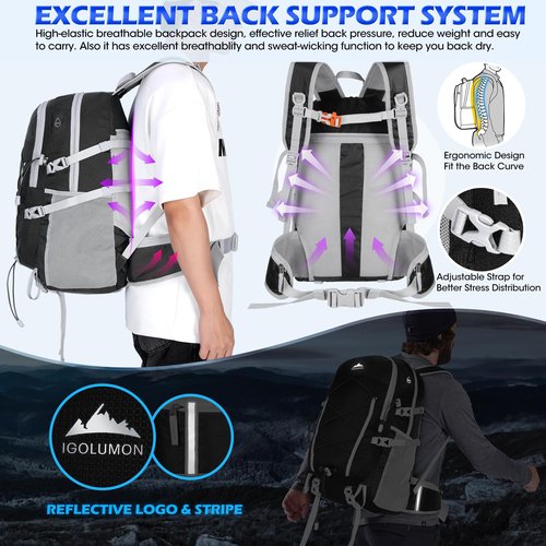 IGOLUMON Hiking Backpack 40L Packable Camping Backpack for Men Women Waterproof Lightweight Hiking Daypack Foldable Travel Daypack for Climbing Trekking Camping,Black