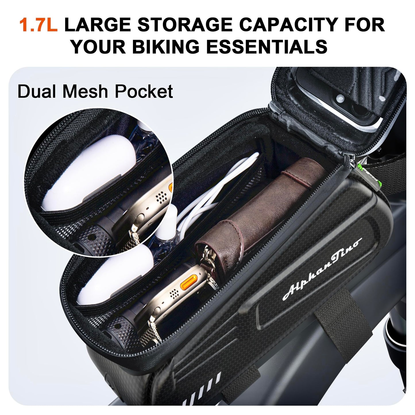 Alphantino Bike Phone Holder Bag - Waterproof Hard Case Large Capacity Top Tube Front Frame Bicycle Pouch Cycling Mount, Bike Accessories, TPU Touch-Screen & Sun-Visor (Green ZIpper)