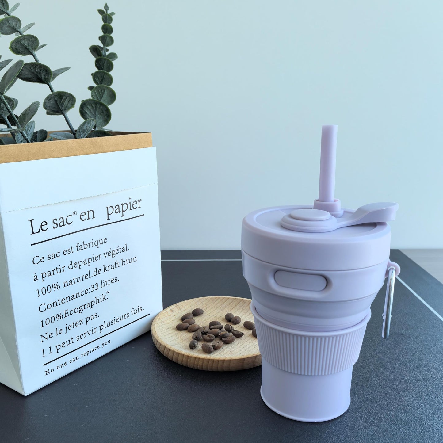 JSHYGOUP Silicone Collapsible Travel Mug Purple 15oz / 450ml - Leak-Proof Reusable Silicone Water Bottle for Hot and Cold Beverages - Travel Office and Home - Dishwasher Safe - Straw Included