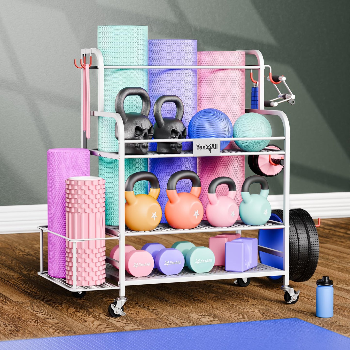 Yes4All Dumbbell Rack, Weight Rack for Home Gym, Sports Equipment Organizer for Dumbbells Kettlebells Yoga Mat Foam Roller and Balls, All in One Gym Workout Storage with Wheels and Hooks, White