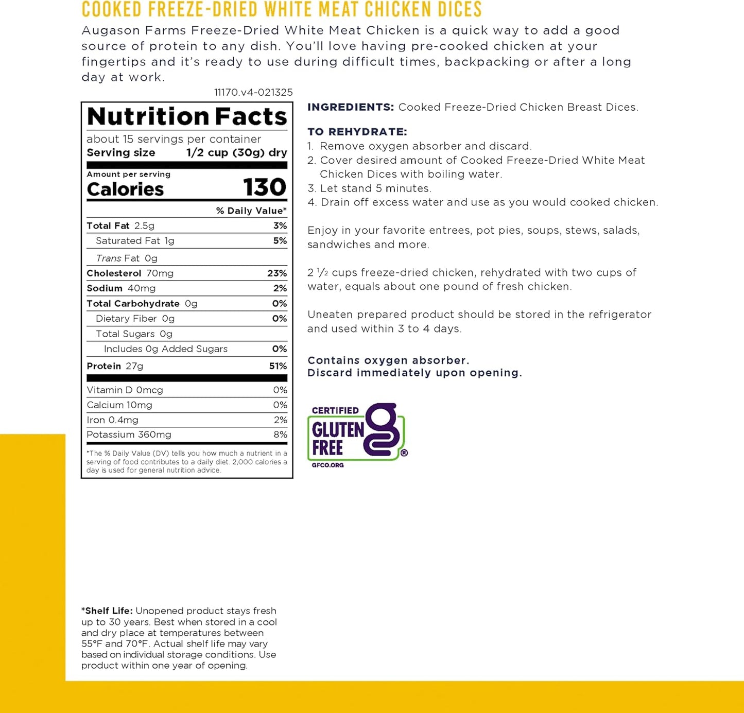 Augason Farms Cooked Freeze Dried White Meat Chicken Dices Can, Emergency Food Supply, Everyday Meals, 15 Servings