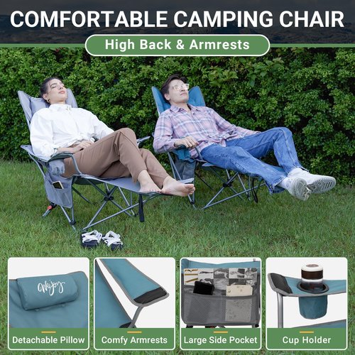 #WEJOY 2-in-1 Camping Chair Reclining, Lightweight Folding Camping Chair with Adjustable Backrest & Footrest, Camping Lounge Chair with Headrest, Cup Holder, Storage Bag, for Beach, Lawn, Concert