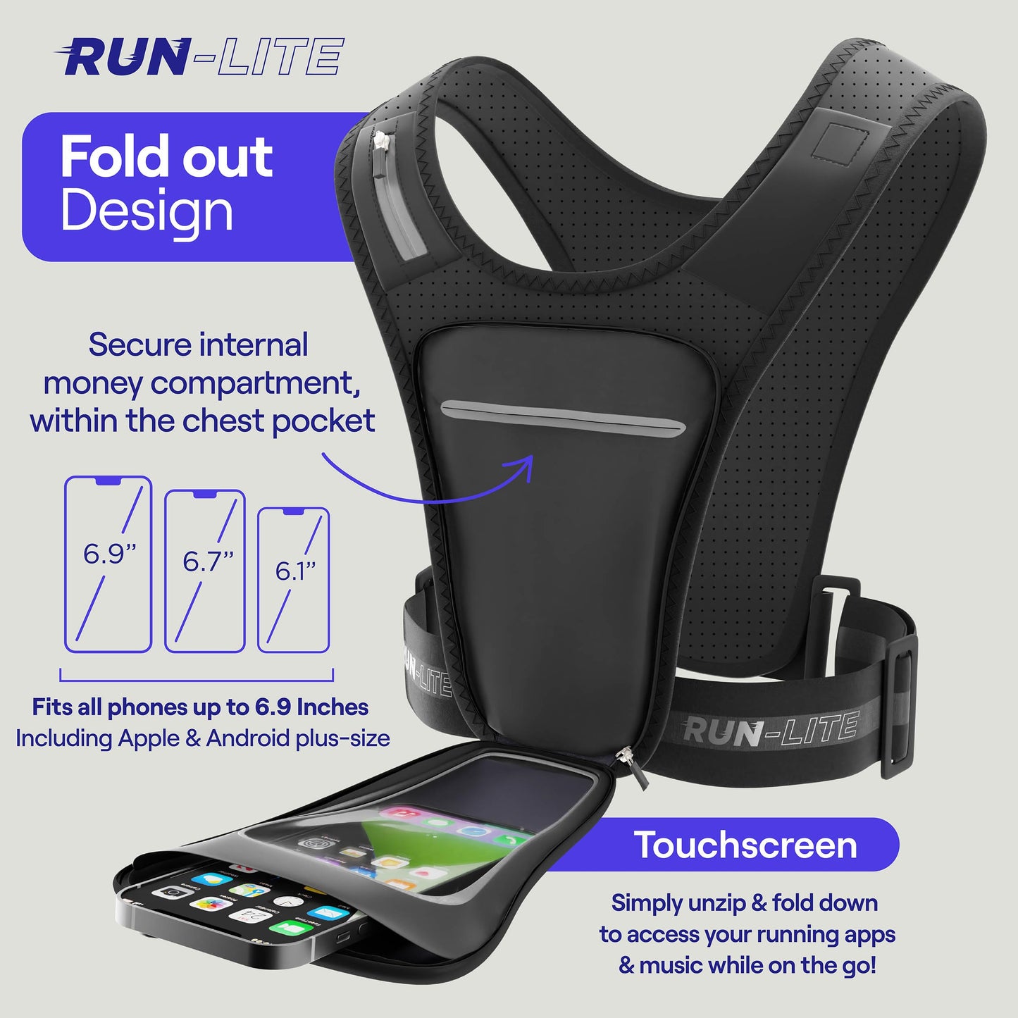 Running Vest with Phone Holder & Waterproof Pouch – Adjustable Belt Fits 28"–44" Chest – Reflective Gear with 2 Shoulder Pockets for Keys, Gels, Phones up to 6.8” (Unisex Adult)