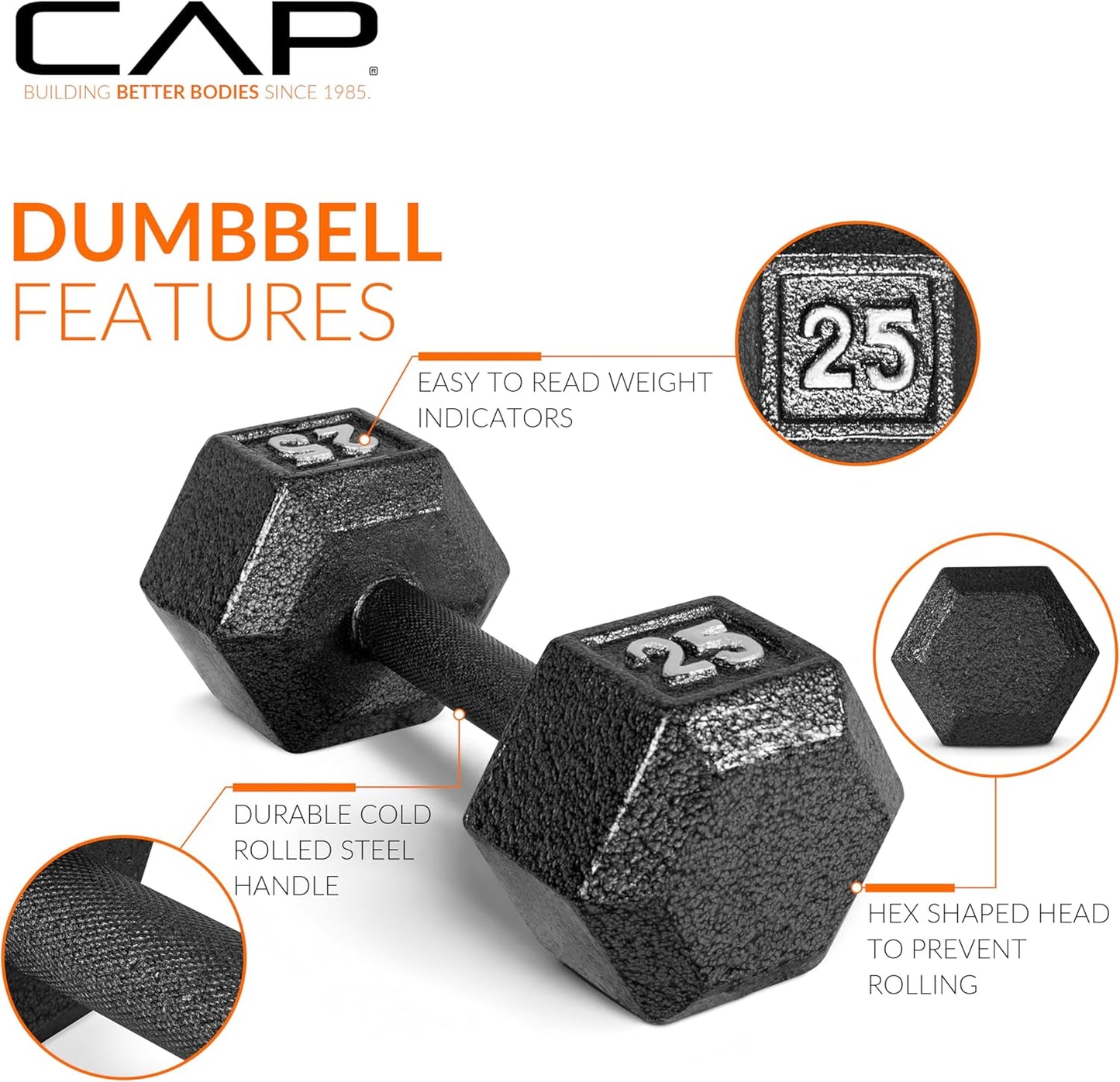 CAP Barbell Black Cast Iron Hex Dumbbell | 5-120 LBs | Single or Pair