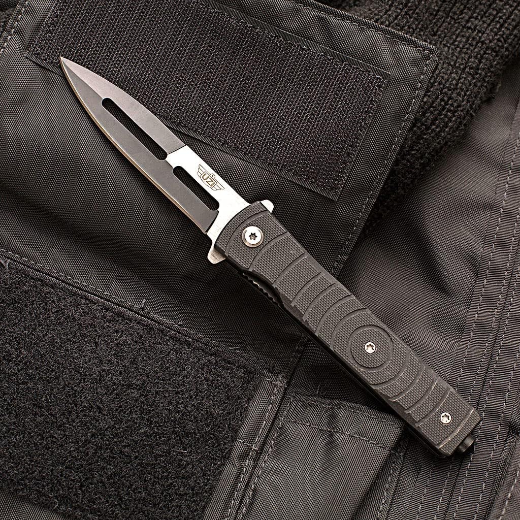 Uzi UZK-FDR-009 Covert Folding Knife with Straight Edge Stainless Steel Blade and Aluminum Handle with Metal Clip and Spring Assist, Survivor Tool, for Outdoor Trips, Camping, Fishing, Hunting, Black