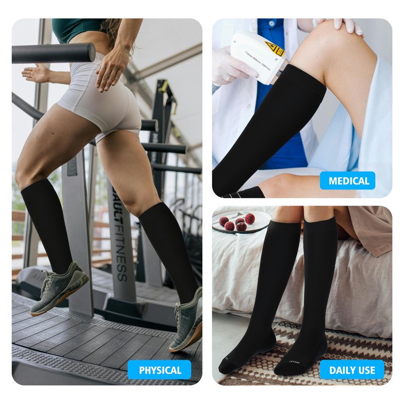 LEVSOX Extra Thick Cotton Compression Socks for Women&Men 20-30 mmHg Knee High Graduated Support Sock for Nurses, Pregnant Women, Travel and Flight, 2 Pairs, Black