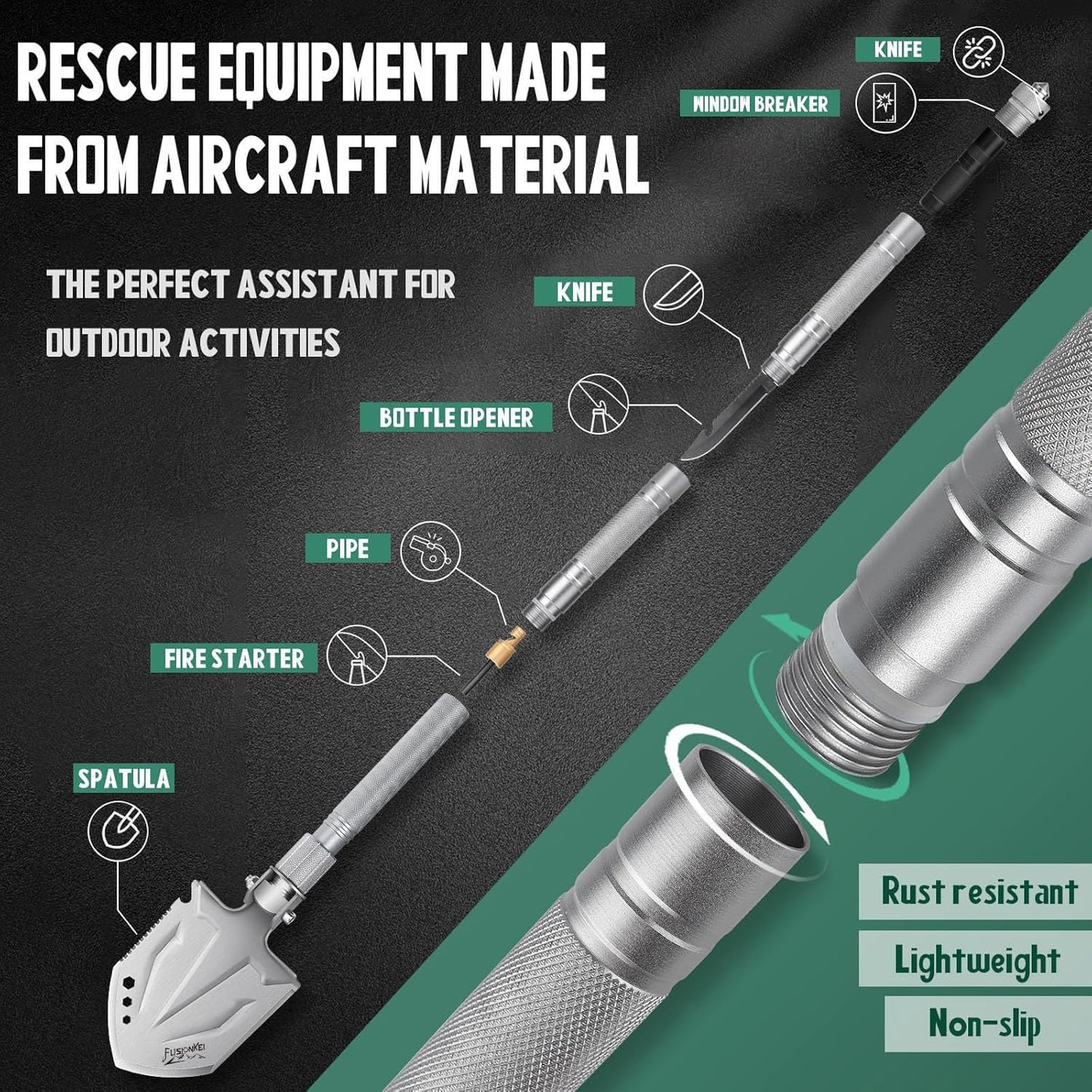 FUSIONKEI Folding Shovel 18 in 1 Multifunctional Camping Shovel Outdoor Spade Field Spade with Axe and Pickaxe for Offroad Survival Hiking Garden