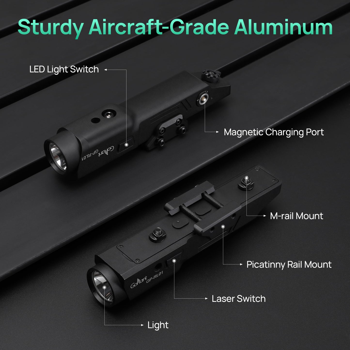2500 Lumen Aluminum Alloy Rifle Laser Light Combo, 2.5 Hours Long Runtime AR15 Weapon Light and Green Laser, Picatinny Rail MLOK Mounted LED Tactical Flashlight, Low Profile Flashlight AR Rifle R15