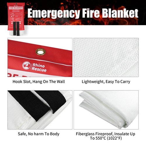 RHINO RESCUE Fire Blanket, 40''×40'' Fiberglass Emergency Fireproof Gear, Flame Retardant Protection for Home, Kitchen, Camping, Hiking, 2 Count