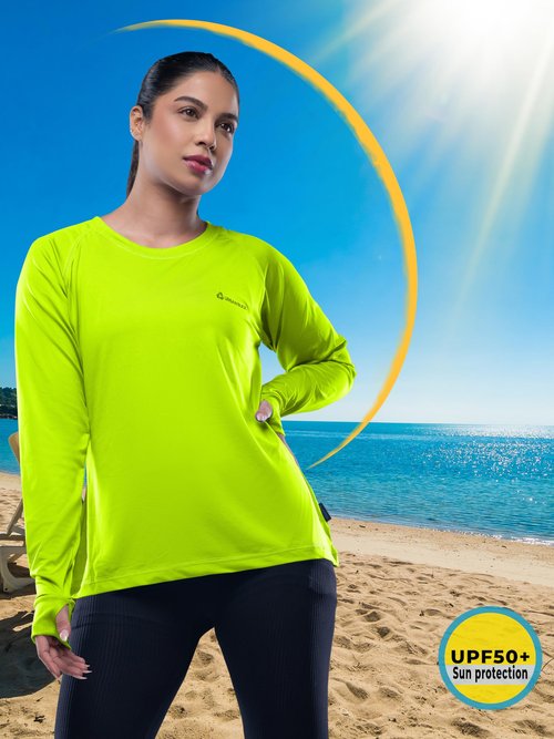 URBAN BUCK Thumb Hole Long Sleeve Shirt for Women - Neon Athletic Workout Top - Lightweight Yoga Training Shirt - Maggie Neon Green Fitted Exercise Activewear for Running & Gym (XL)