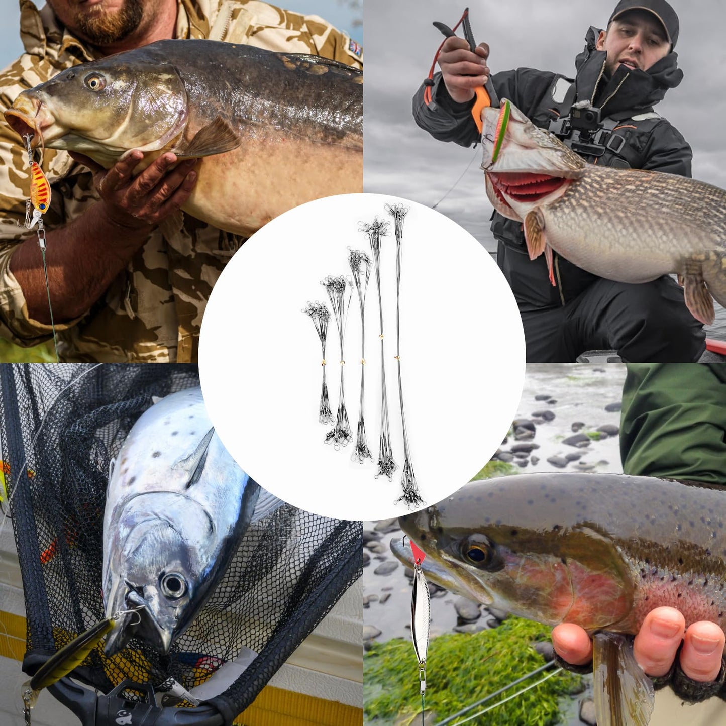 Realure 50Pcs Stainless Steel Fishing Leaders with Swivels Snap Connect Kit High Strength Fish Line Wire Leaders for Fishing Saltwater 4/6/8/10/12inch Fishing Wire Leader Line for Lure Bait Rig Hooks