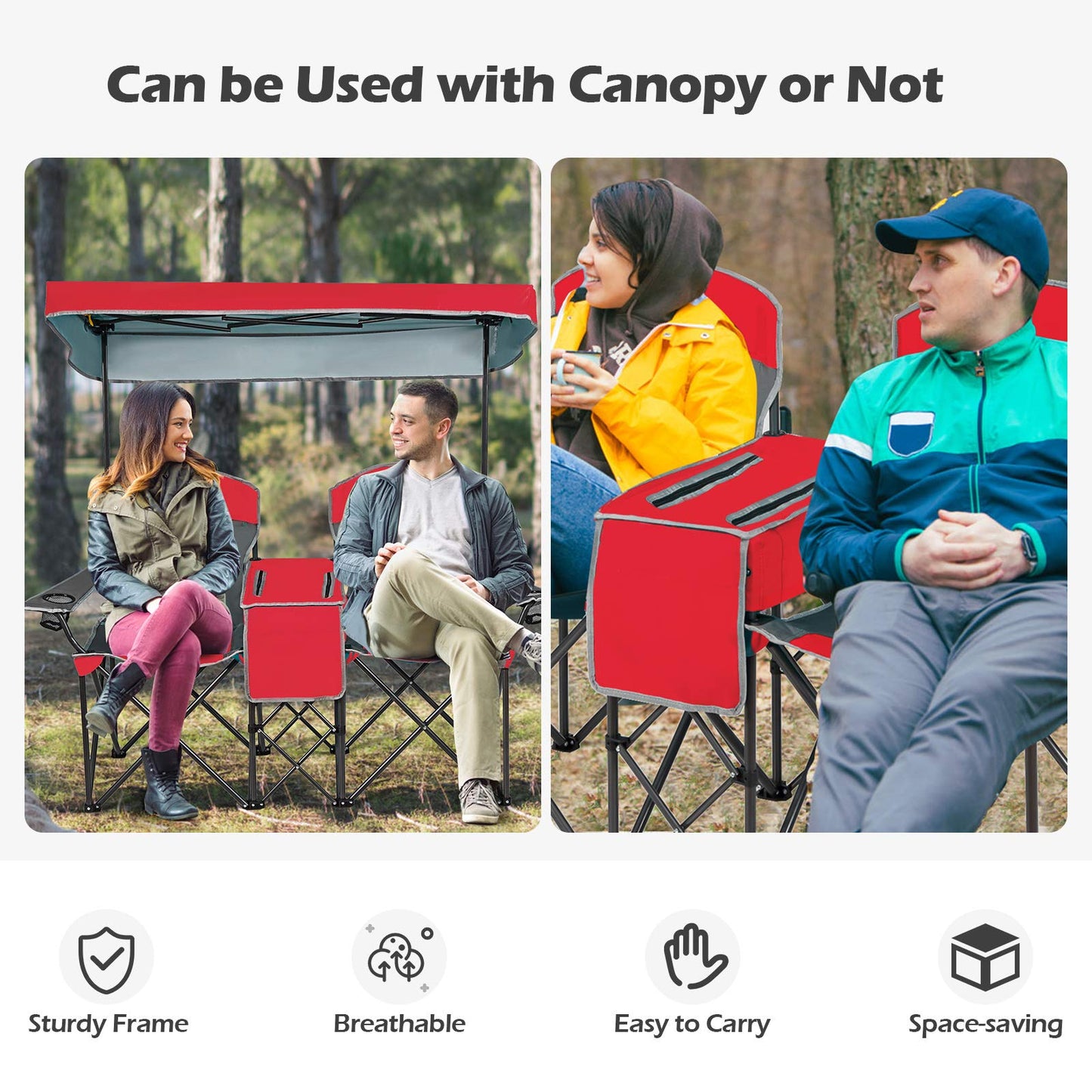 COSTWAY Double Camping Chair, Portable Camping Chair with Canopy, Cup Holder, Iced Bag, Storage Bag, Carrying Bag, Folding Loveseat for Adults, Outdoors Sport, Red