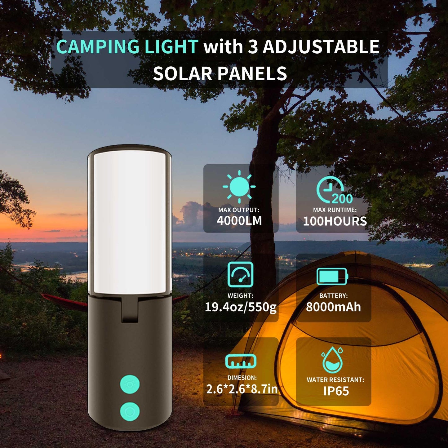 JINHODY Rechargeable LED Lantern - 8000mAh Solar Powered, 4000LM Camping Lights for Indoor/Outdoor Use, USB Charging, Emergency Flashlight