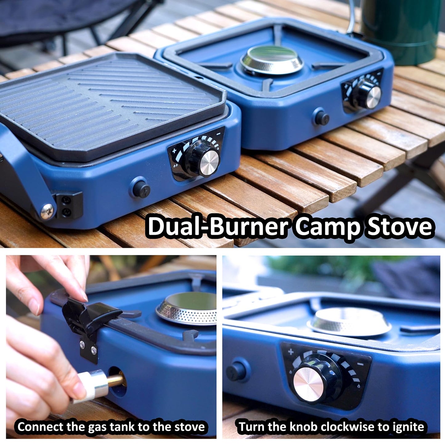 2 Burner Propane Camping Stove with Grill - CloudHand Foldable Camp Stove with 16,000 BTU, Two Adjustable Burners with Piezo Ignition & Easy Carrying Handle (Blue) (Large)
