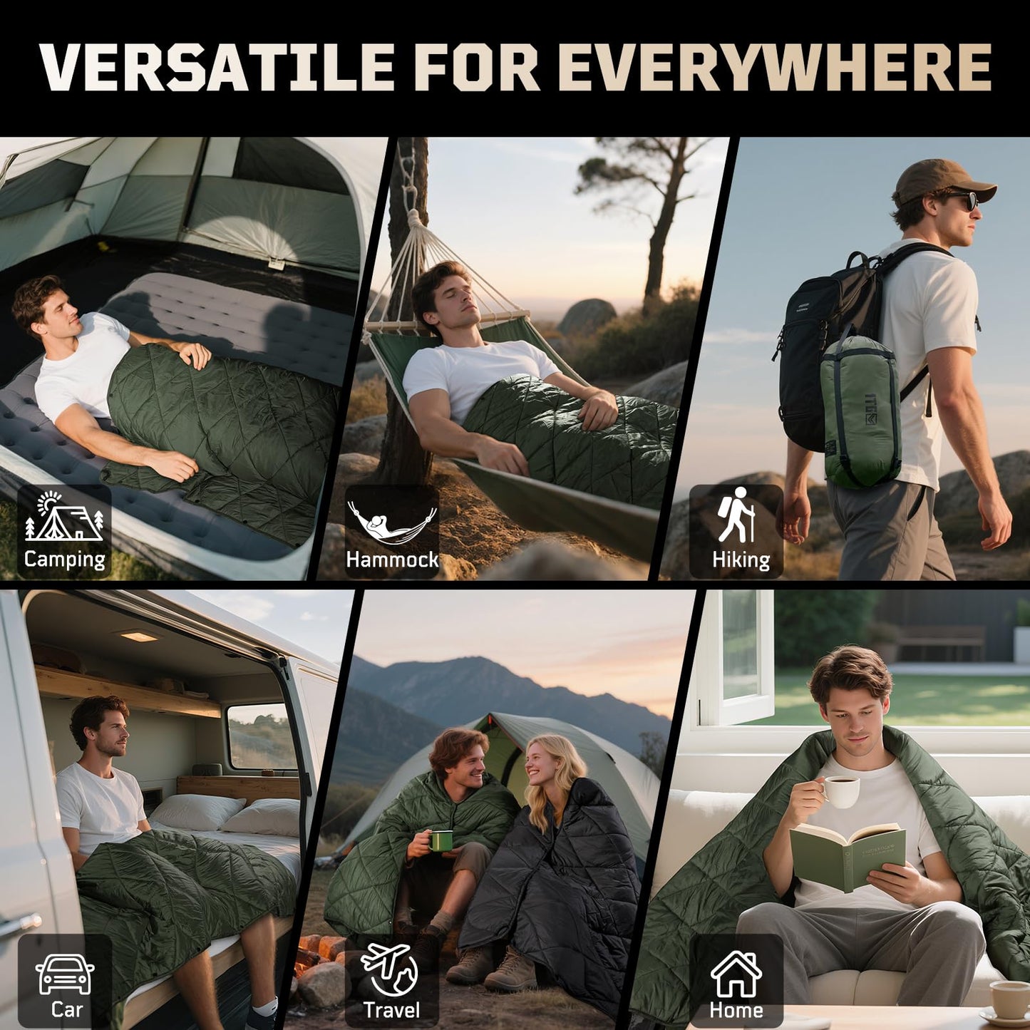 1TG Tactical Camping Blanket - Packable, Ultra Warm and Lightweight with Snap Button Backpacking Quilt Water-Resistant, for Sleeping, Outdoors, Travel - Large/Olive Green