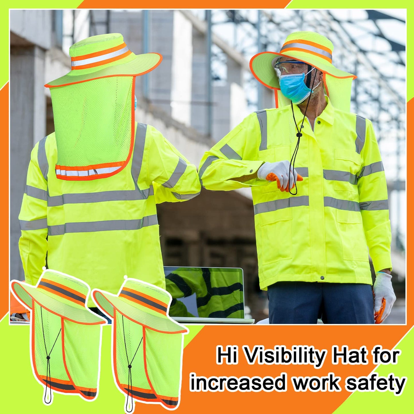 Jexine 6 Pcs Reflective Safety Hat High Visibility Neck Flap Boonie Hat Wide Brim Work Hats Breathable Bucket Cap for Worker (Yellow)