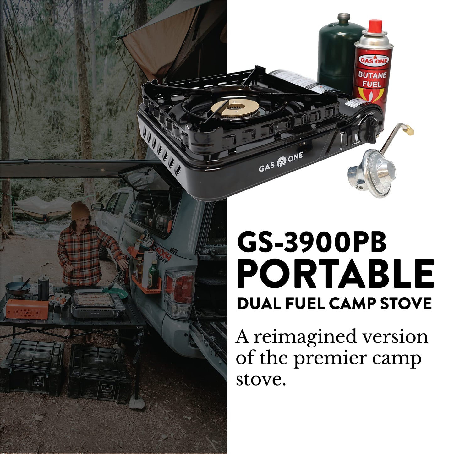 Gas One Dual Fuel Portable Stove 15,000BTU With Brass Burner Head, Dual Spiral Flame Gas Stove - Patent Pending | Gas One Aluminum 10 Plates Windscreen