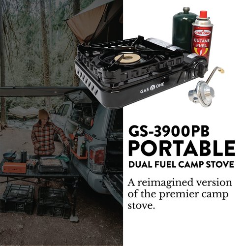 Gas One Dual Fuel Portable Stove 15,000BTU With Brass Burner Head, Dual Spiral Flame Gas Stove - Patent Pending | Gas One Aluminum 10 Plates Windscreen