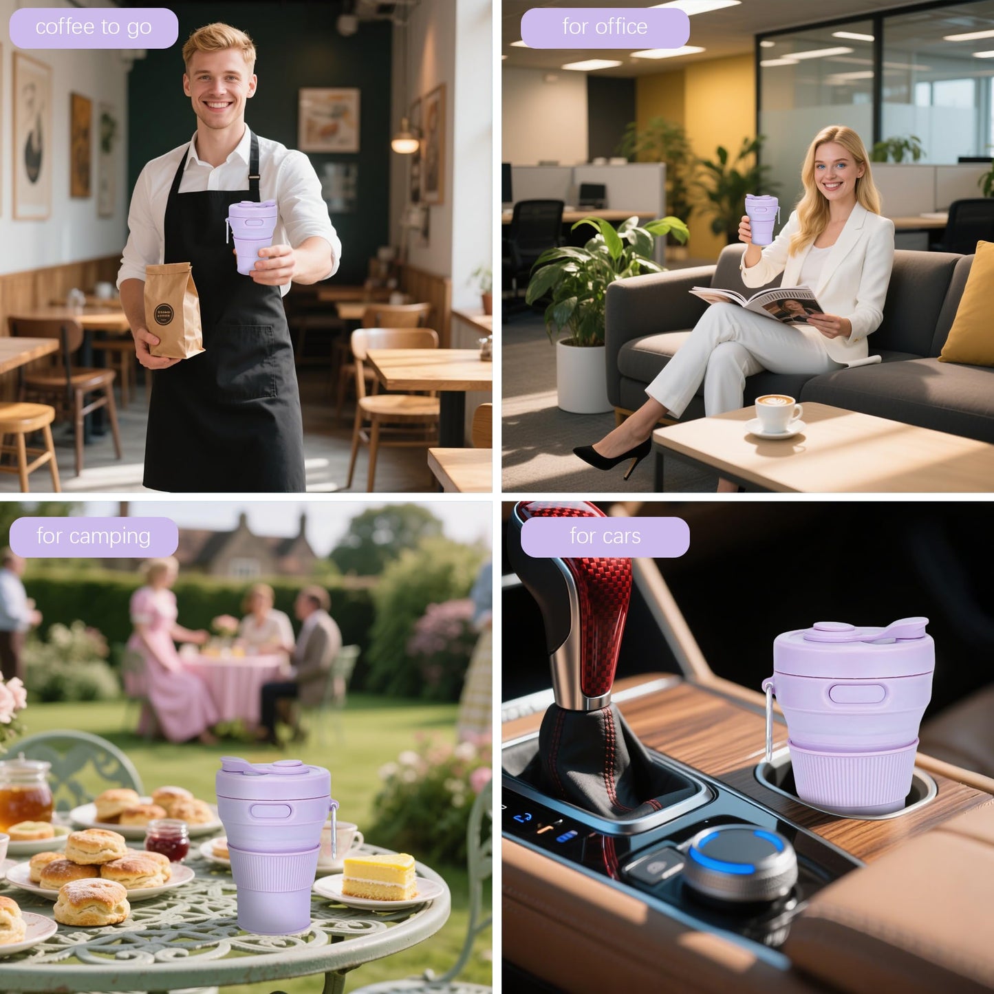 JSHYGOUP Silicone Collapsible Travel Mug Purple 15oz / 450ml - Leak-Proof Reusable Silicone Water Bottle for Hot and Cold Beverages - Travel Office and Home - Dishwasher Safe - Straw Included