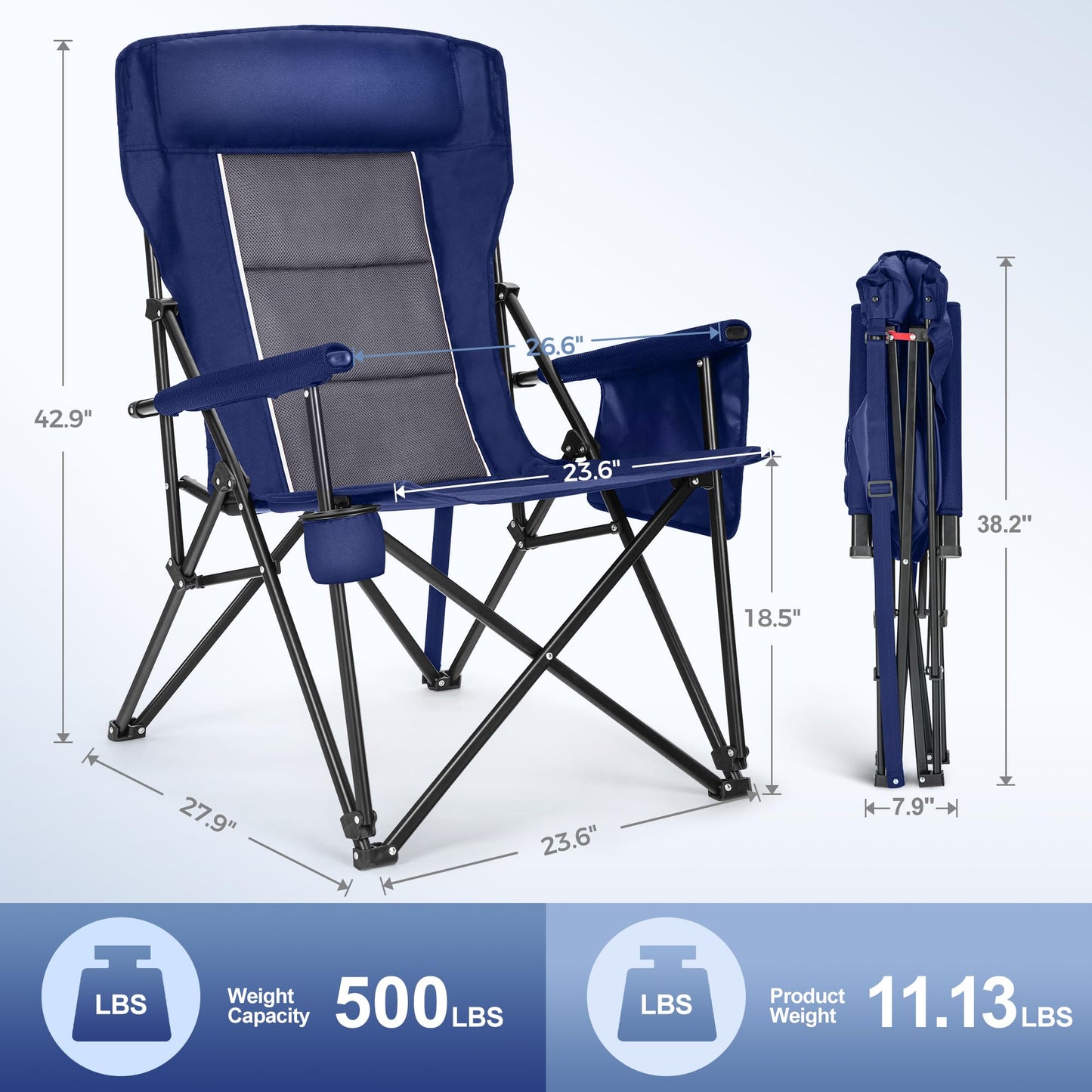 LET'S CAMP Oversized Camping Chairs 29.52" High Back Heavy Duty Lawn Chair Support 500LBS, Portable Collapsible Chair with Cup Holder, Side Pocket(Blue)