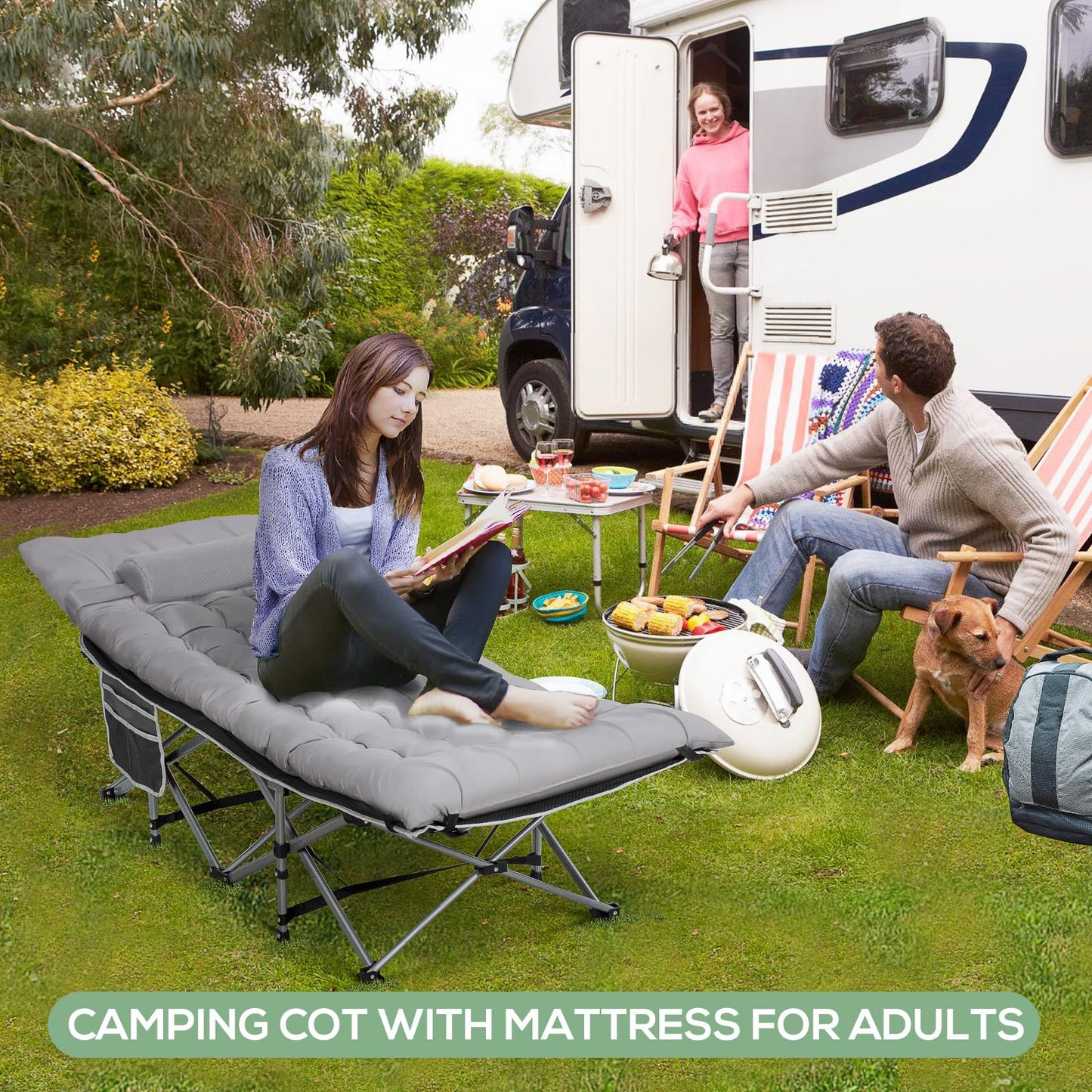 LOENIY Wide Folding Camping Cots with Pillow & Extra Thick Matress, Cots for Sleeping 900 LBS, Camping Bed for Adults with Cushion, Sleeping Cot (Grey)