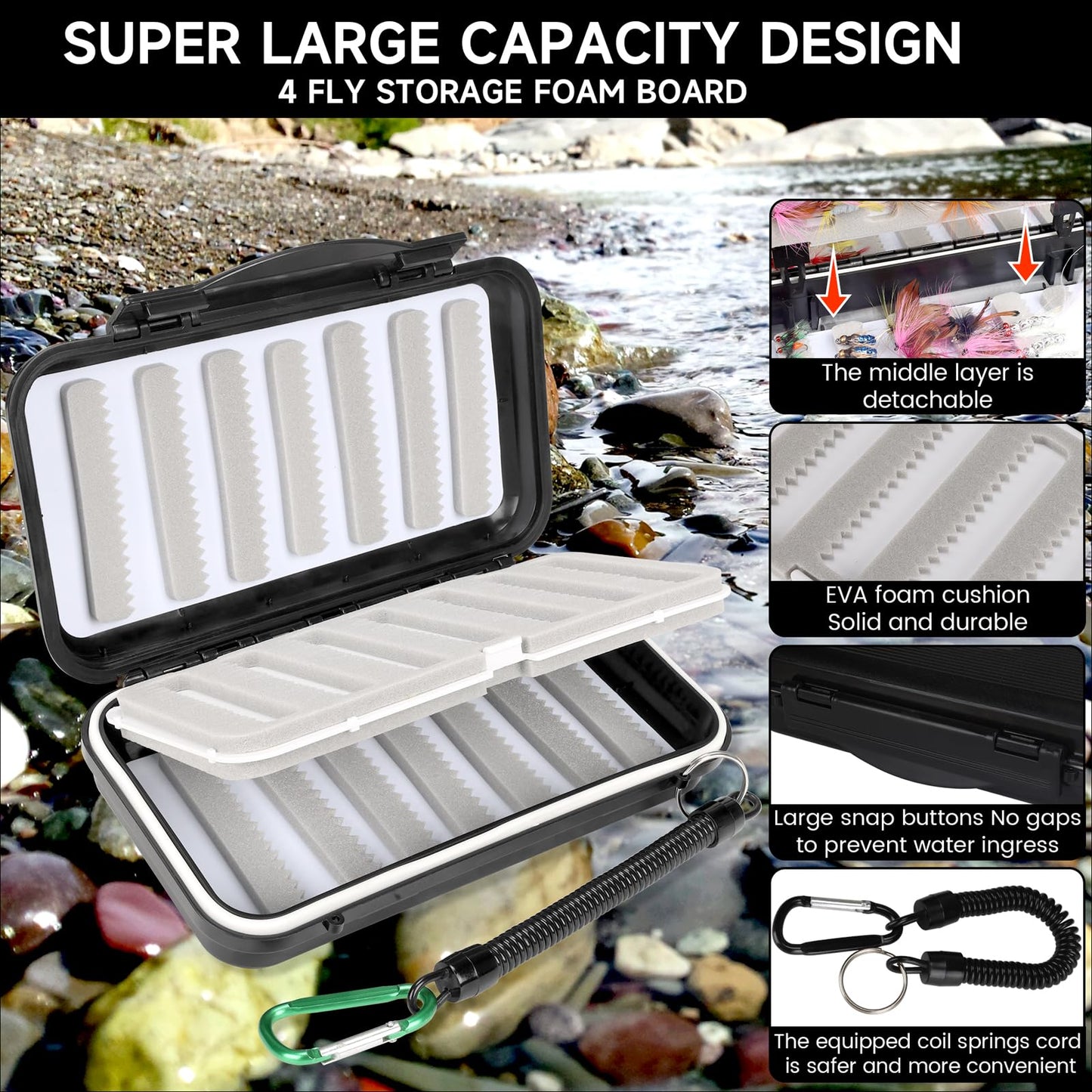 Fly Fishing Box Fly Boxes For Fly Fishing Trout Two-Sided Waterproof Lightweight Easy Grip Black Lid Fly Fishing Lures Box Foam Ice Jig Fly Box And Coil Springs Cord.