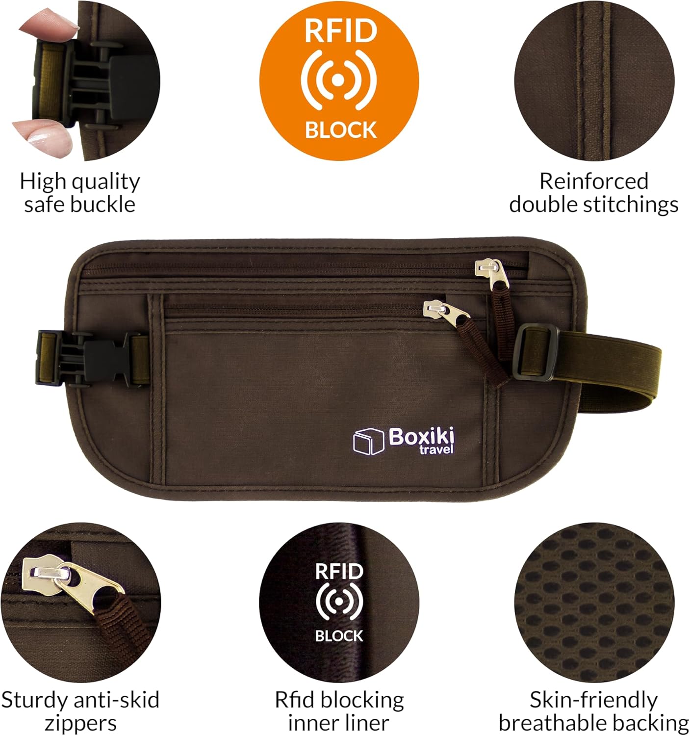 Money Belt for Travel with RFID Blocking Technology - Hidden Travel Money Pouch for Cash, Credit Cards, Passport, and Travel Valuables - Secure Water Resistant Money Belt for Men and Women (Brown)