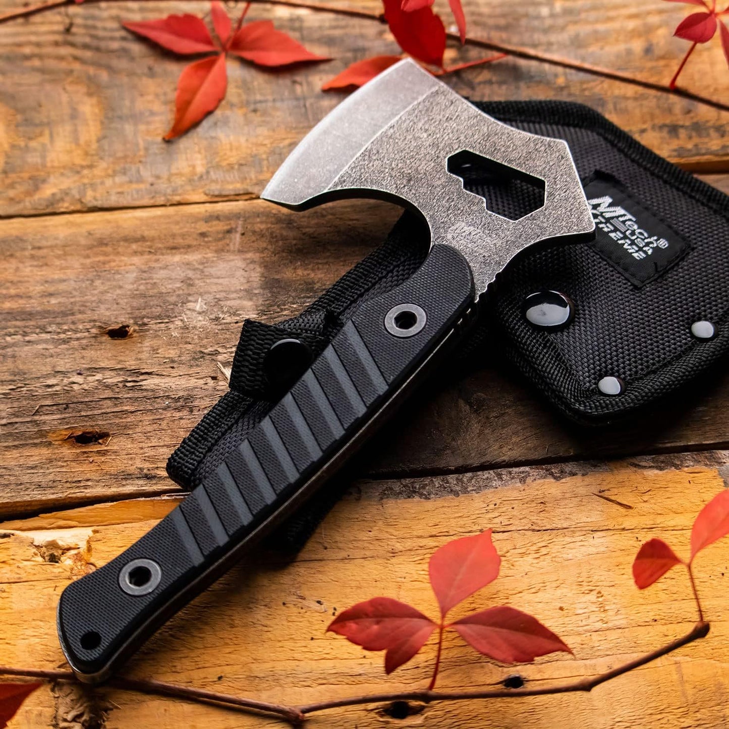 MTech USA Xtreme – Axe – Stonewashed Finish Stainless Steel Axe Blade, Black G10 Handle, Full Tang Construction, Includes 1680D Nylon Sheath, EDC, Tactical – MX-AXE10BK