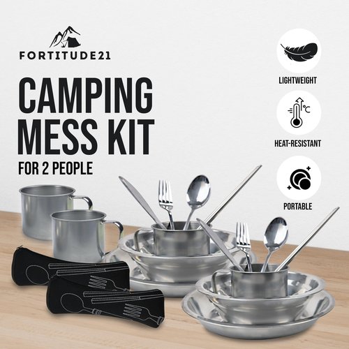 Mess Kit for 2 Person - Camping Kitchen and Utensil Set, Picnic Dish Set, Stainless Steel Dinnerware With Plate, Bowl, Cup for Backpacking