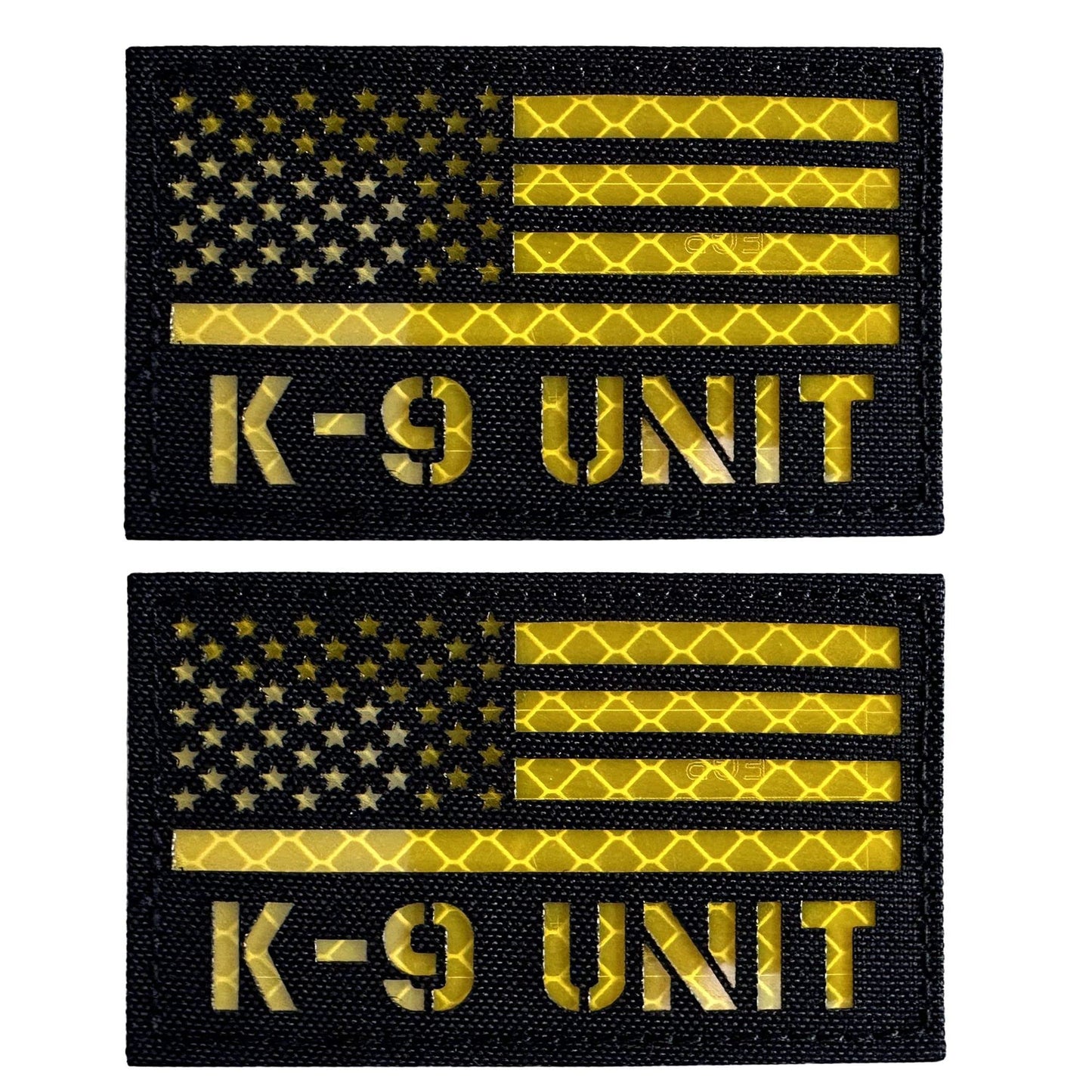 2 Pack Reflective K9 Unit Patch US Flag with Hook Back for Service Harness Tactical Vest Collar Hook-Fastener Backing (Black-Yellow)