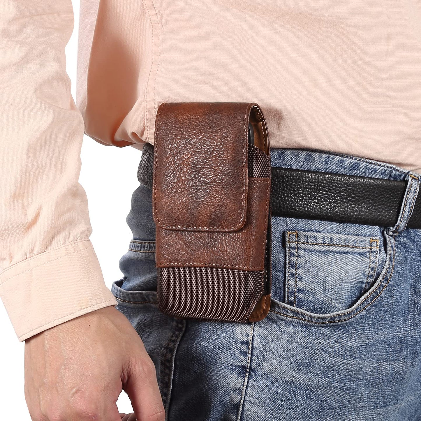 Vertical Cell Phone Waist Bag for Men, Mobile Phone Belt Pouch with Clip, Universal Mens Leather Phone Belt Clip Holder Smartphone Waist Pouch Fanny Pack Protective Wallet with Carabiner Belt Loop