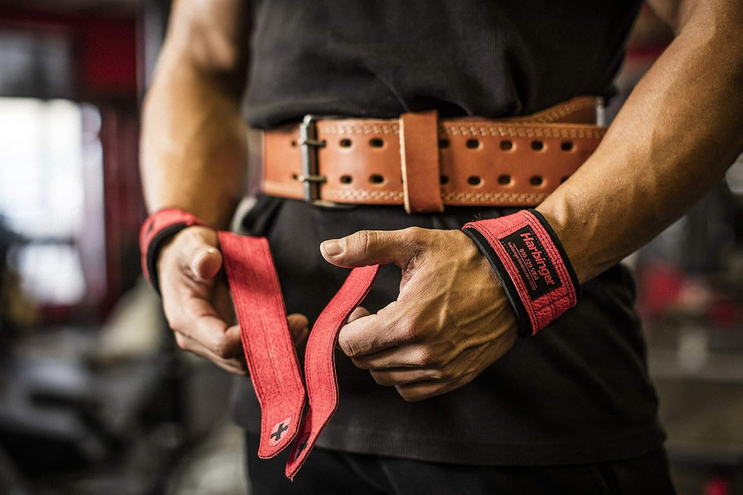 Harbinger Padded Leather Lifting Straps, Red