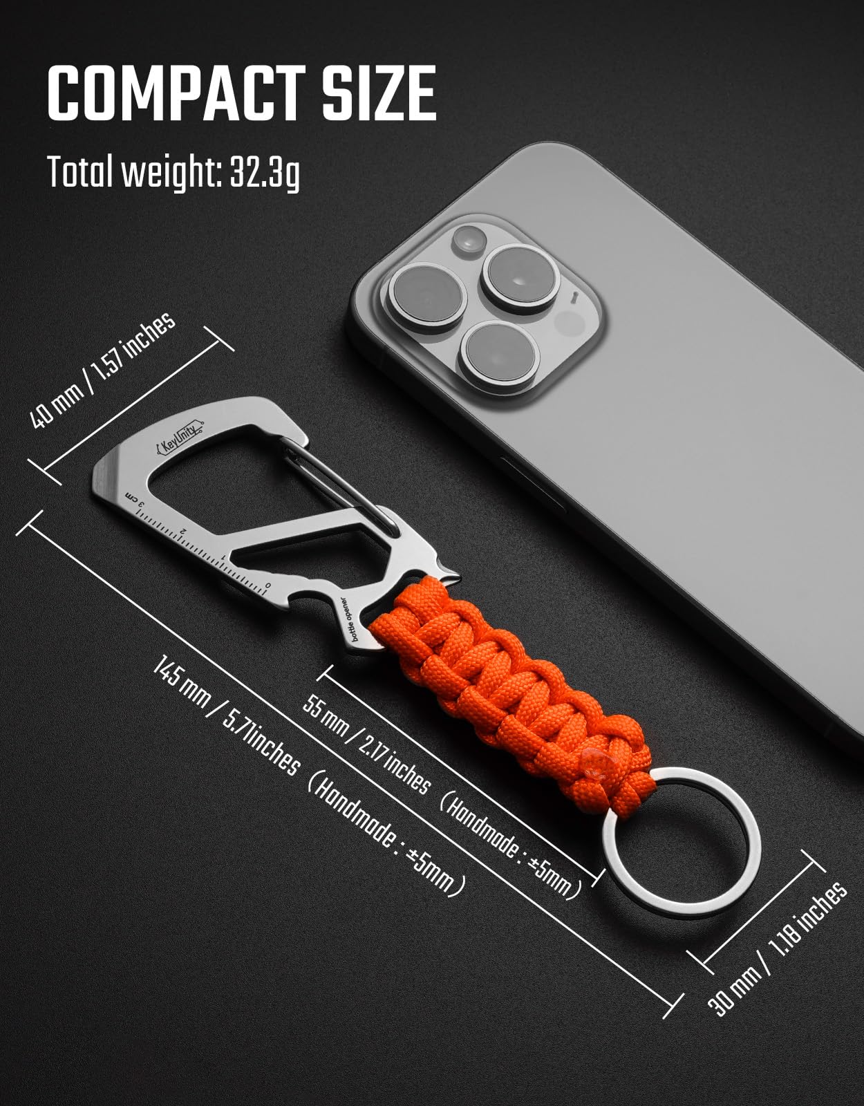KeyUnity KC00 Paracord Keychain Carabiner Clip, 550 Parachute Lanyard Multitool for Outdoor, Backpacks, Men & Women (Orange)