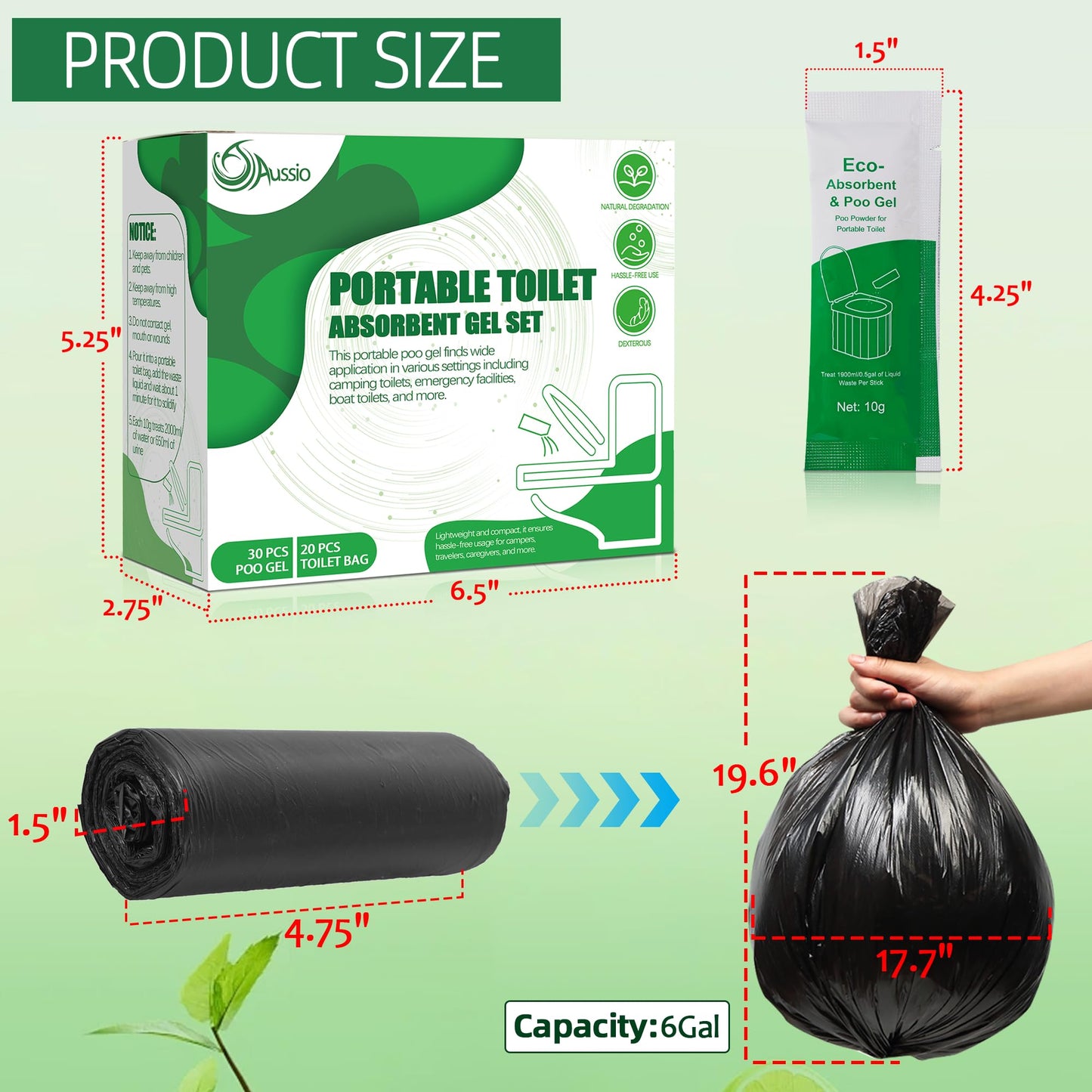 Aussio 30pcs Portable Toilet Absorbent Gel with 40pcs 6 Gallon Camping Toilets Bags, Poo Urine Powder for Hiking, Poos Gel for Portable Toilets, Camping Toilet Gesl Poo Powder for Outdoor Use