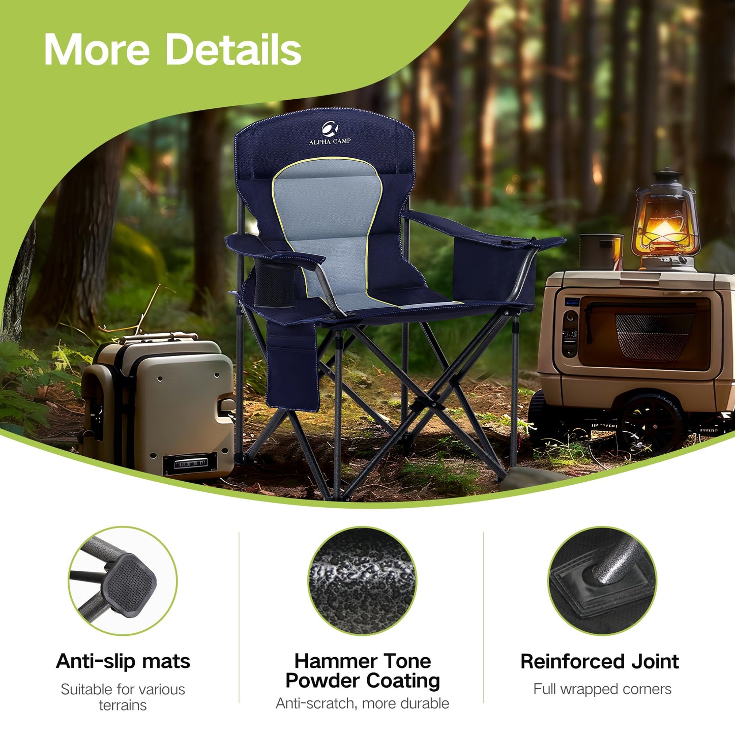 2 Pack Oversized Folding Camping Chairs High Back Heavy Duty Padded Lawn Chair for Adults Support up to 450lbs with Cup Holder, Side Pocket Cooler Bag, Blue