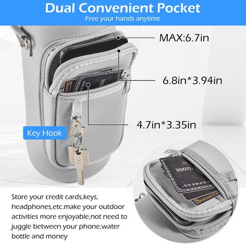 Noxgifix Water Bottle Holder with Strap,Water Bottle Bag,32/40 oz Large Capacity,Adjustable Shoulder Hand Strap,2 Phone Pocket Water Bottle Holder,Water Bottle Accessories for Camping Running Walking