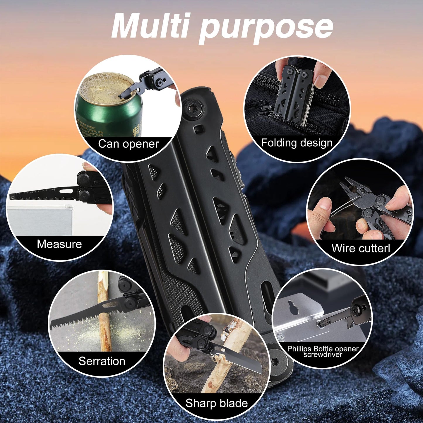 28-in-1 Multitool Pliers, Stainless Steel Multi Tool with Pocket Clip, Self-Locking, Replaceable Wire Cutters, and Precision Screwdriver, Foldable EDC Multi-Tool for Outdoor, Repair, Camping, Hiking