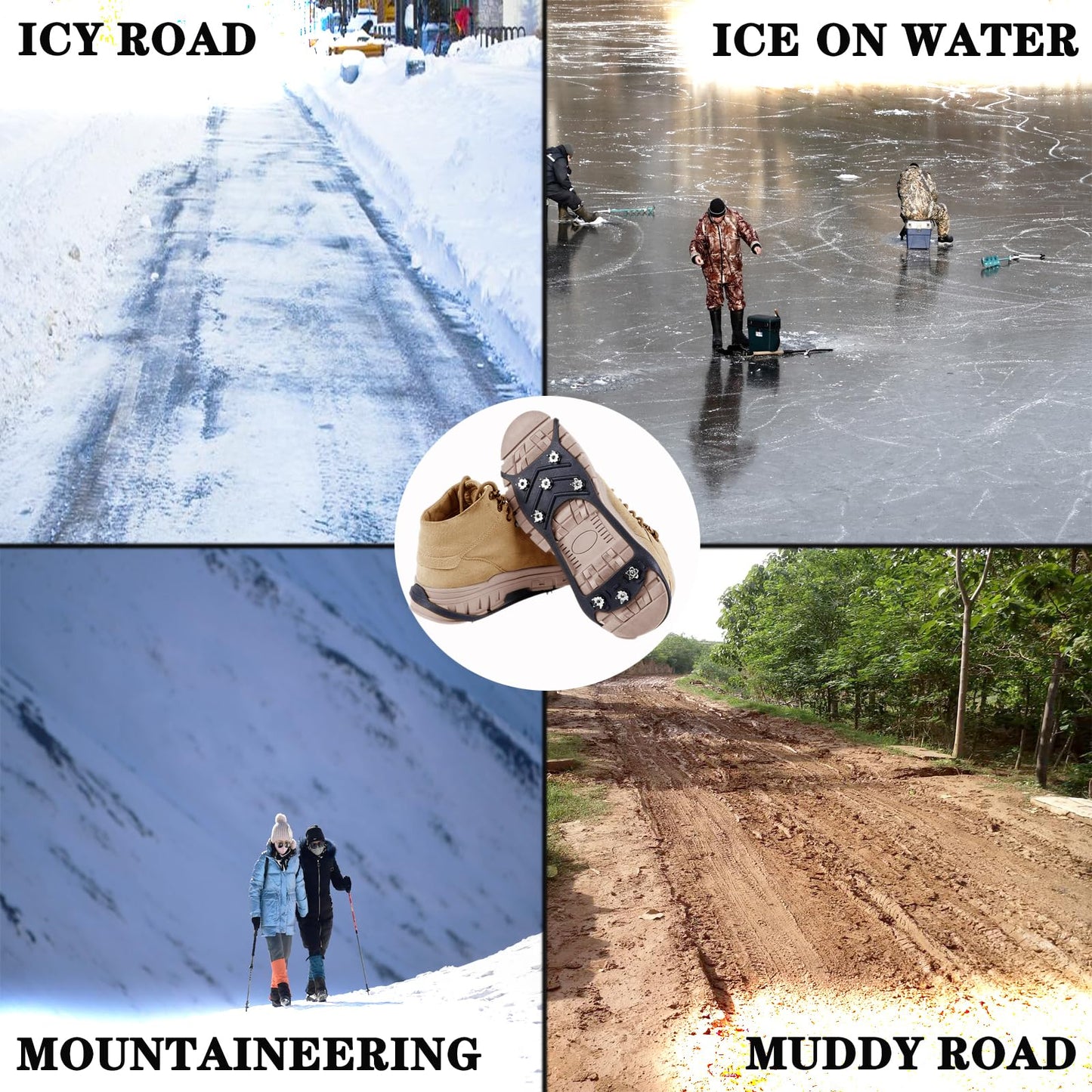 2 Pairs Ice Cleats for Shoes and Boots,Universal 8 Steel Studs Crampon Ice & Snow Grippers for Winter Hiking Climbing Ice Fishing,Anti-Slip Traction Cleats Shoe Spike for Walking or Running (Size L)