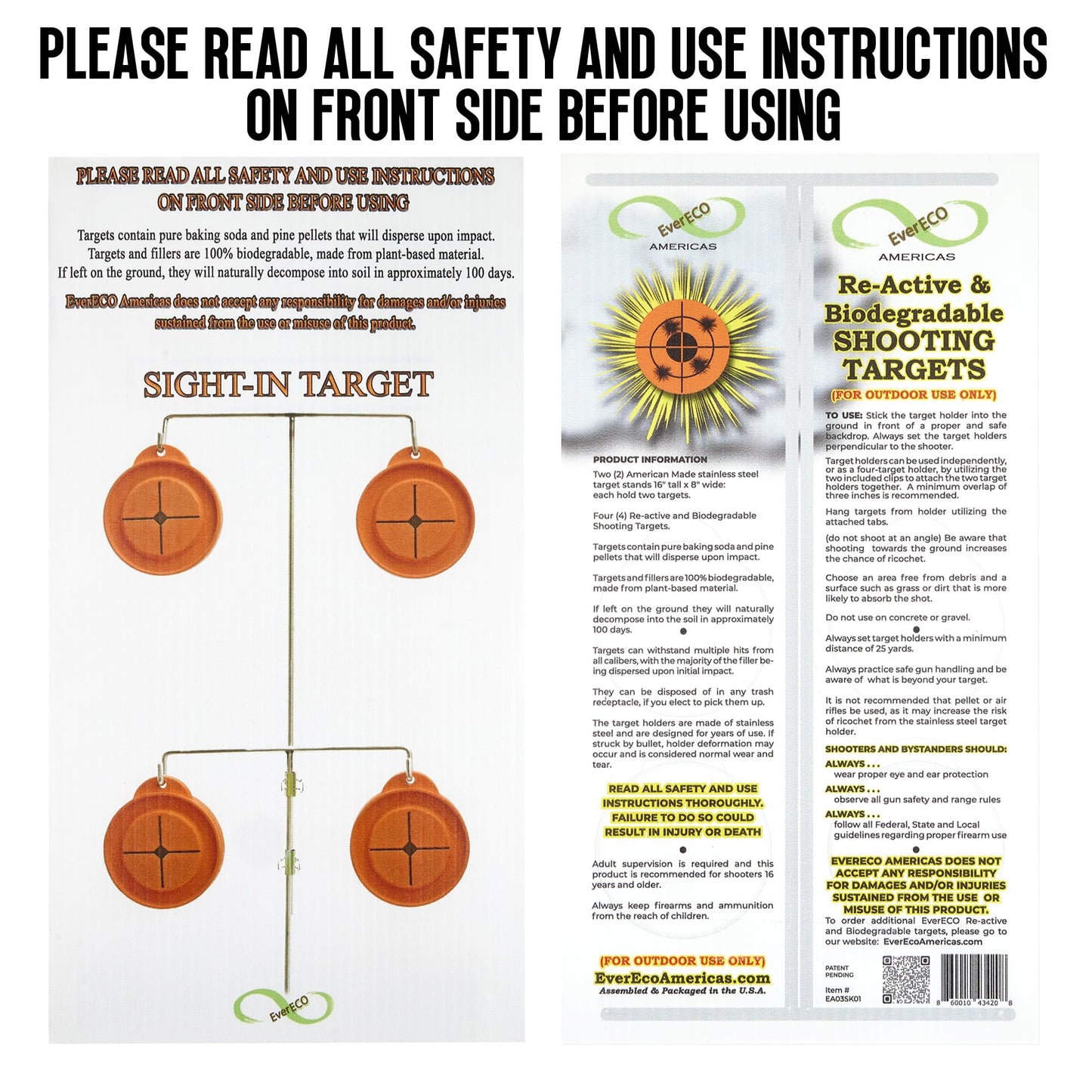 EverECO Americas Reactive Shooting Targets - 4 Pack Biodegradable Targets with 2 Stainless Steel Stands | Eco-Friendly Clay Pigeon | Visual Impact, Outdoor Gun Range Accessories, Made in USA