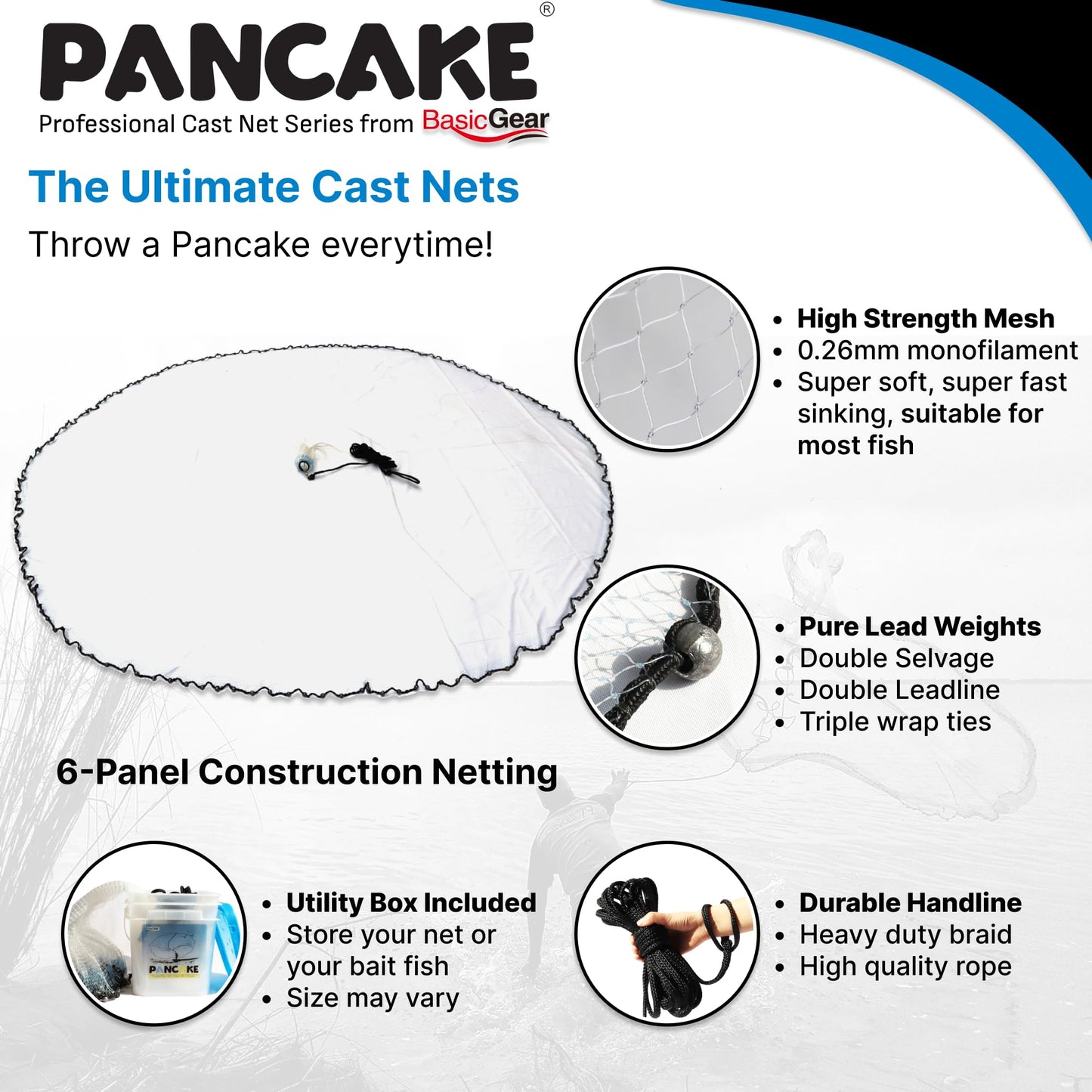 BasicGear Pancake Cast Net, 6ft Radius with 3/16 inch Mesh, Pure Lead 1.25 LB for Freshwater and Saltwater, Professional Grade and Upgraded Material, Throw Style for Bait Trap Fish
