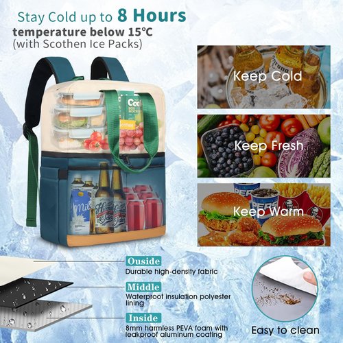 Scothen Backpack Cooler with Double Decker & 12 Ice Packs- Insulated Leak Proof & Waterproof Cooler Backpack- Soft Side Cooler Bag- Stylish Ice Chest Backpack for Women Travel Beach Picnic Lunch Work