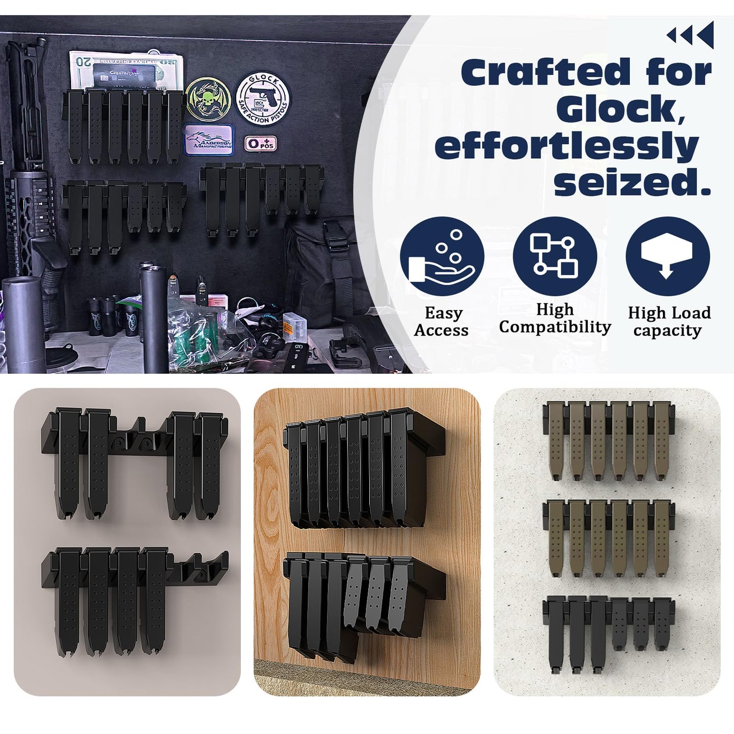 2Pack Magazine Mount for Glock 17 19 22 23 26 31 32 33 34 | Handgun Mag Holder Wall Mount Storage Rack | Mag Holder Display for Gun | Gun Magazine Holder Fit for Glock 17 Accessories (12 Slots)