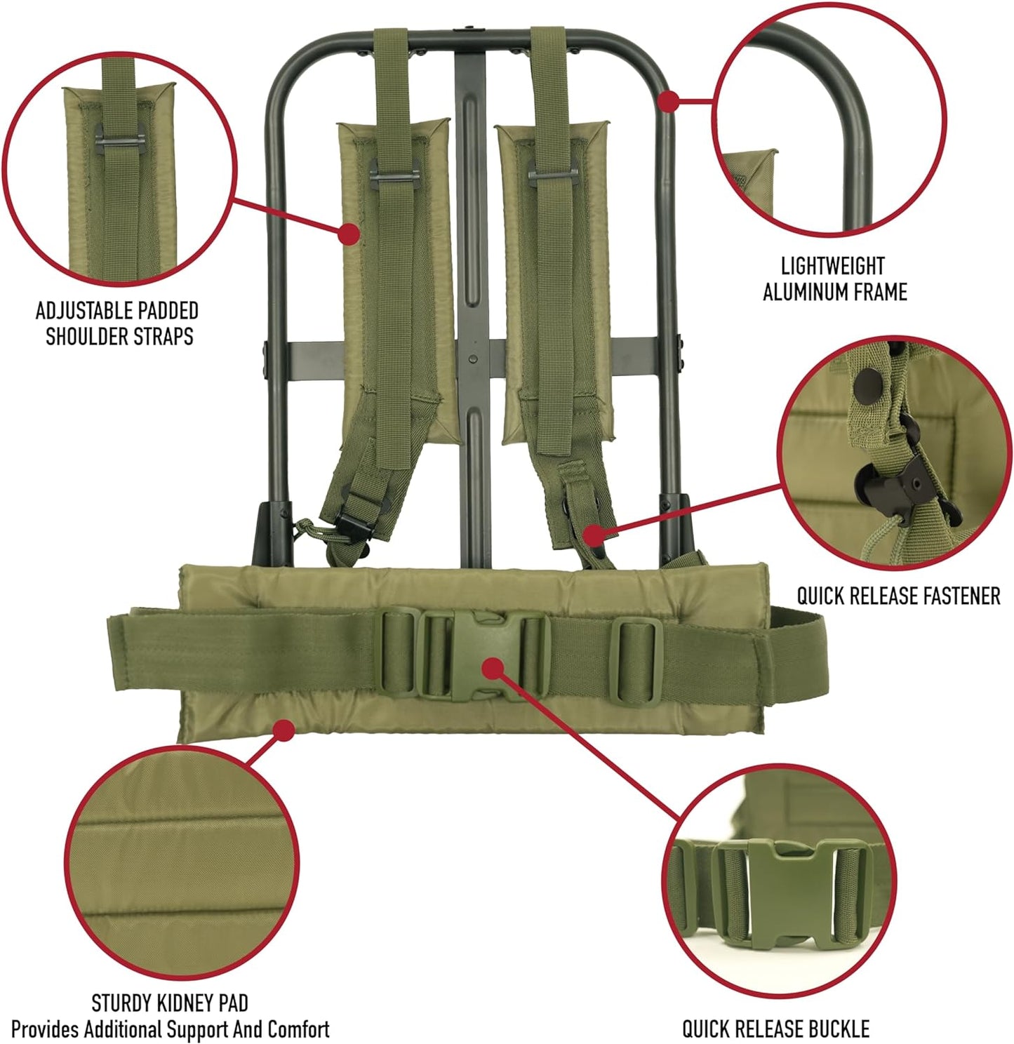 Rothco Alice Pack Frame with Attachments – Includes Padded Shoulder Straps and Kidney Pad Waistbelt – Lightweight Aluminum Construction
