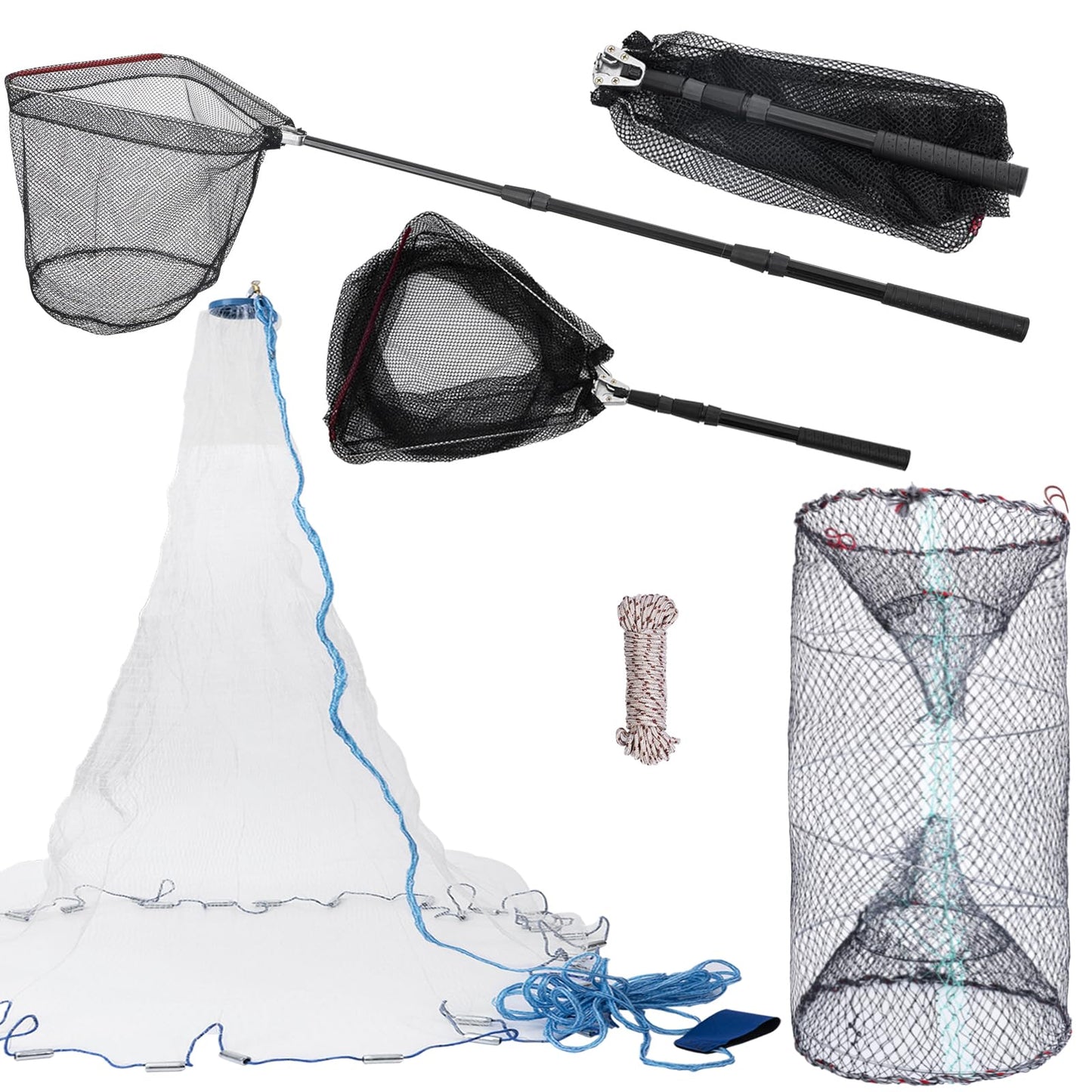 3 Pcs Foldable Fishing Net Accessories :Fishing Cast Net with Heavy Duty Real Zinc Sinker Weights丨 Fishing Landing Net with Telescoping Pole Handle 丨Crab Crayfish Shrimp Crab Trap