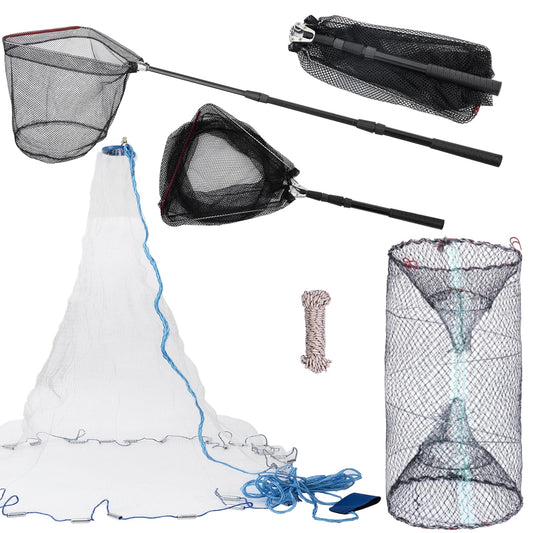 3 Pcs Foldable Fishing Net Accessories :Fishing Cast Net with Heavy Duty Real Zinc Sinker Weights丨 Fishing Landing Net with Telescoping Pole Handle 丨Crab Crayfish Shrimp Crab Trap