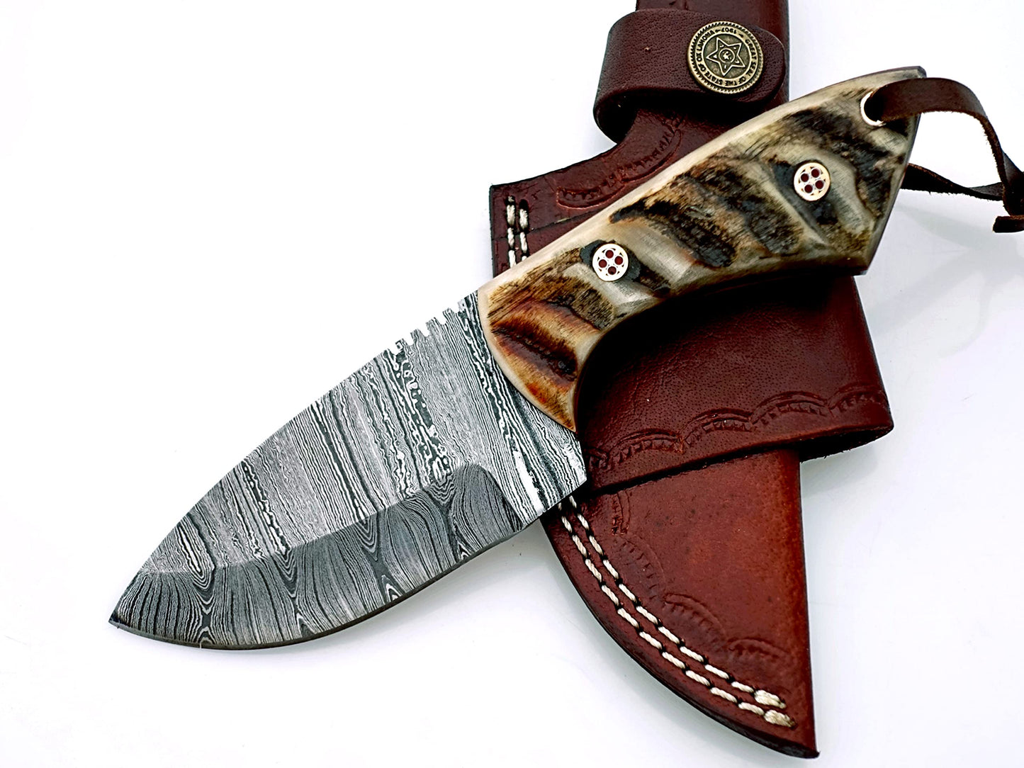 Handmade Damascus Steel Skinner Knife – Premium Survival Knife for Camping, Hiking, and Outdoor Adventures with Leather Sheath OB-1008 (BEIGE)