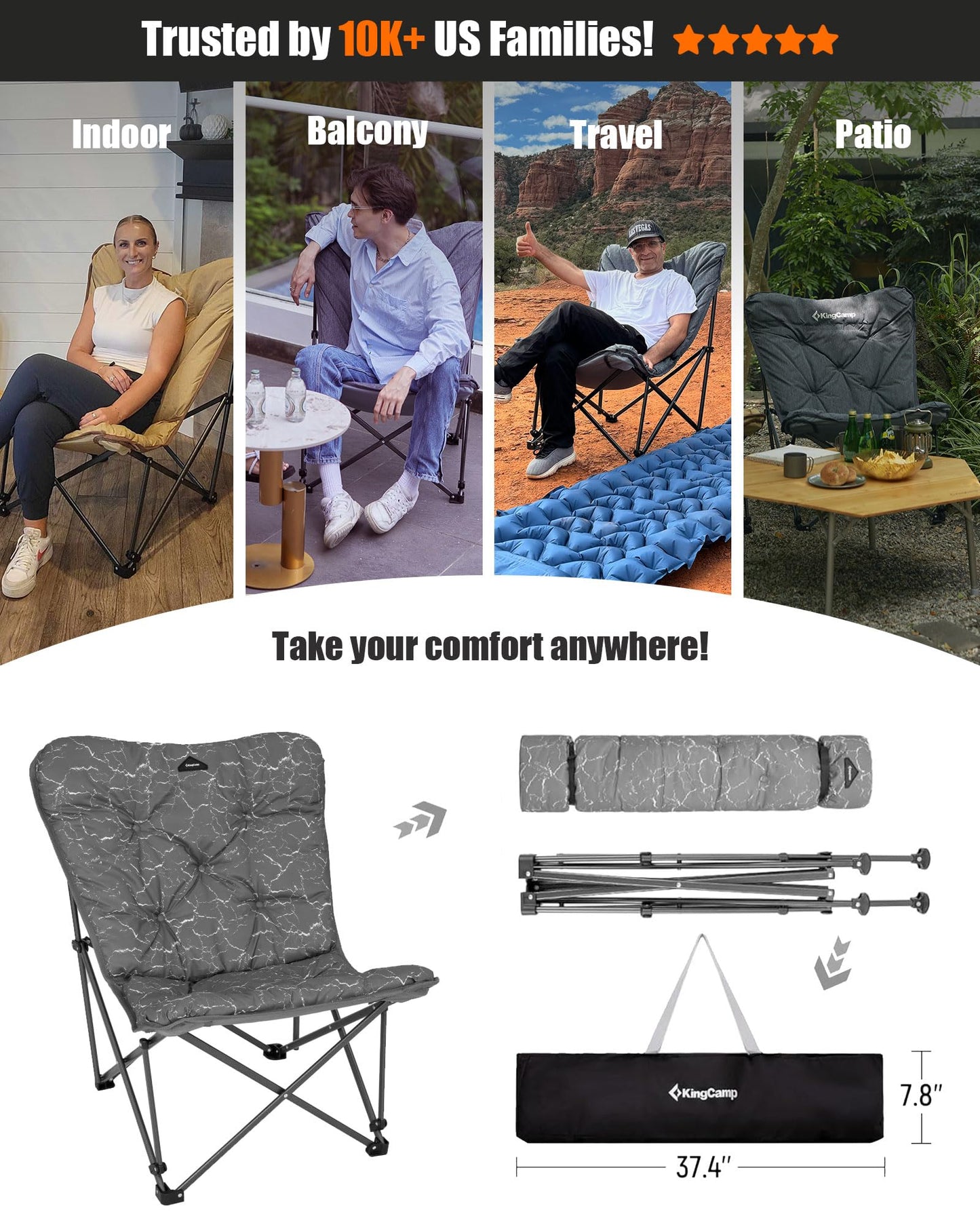 KingCamp Butterfly Chair Oversized XL Camping Chairs for Adults Padded Folding Comfy Camp Chairs 300lbs Heavy Duty with High Back for Bedroom Living Room Dorm Rooms Outdoor Patio Lawn