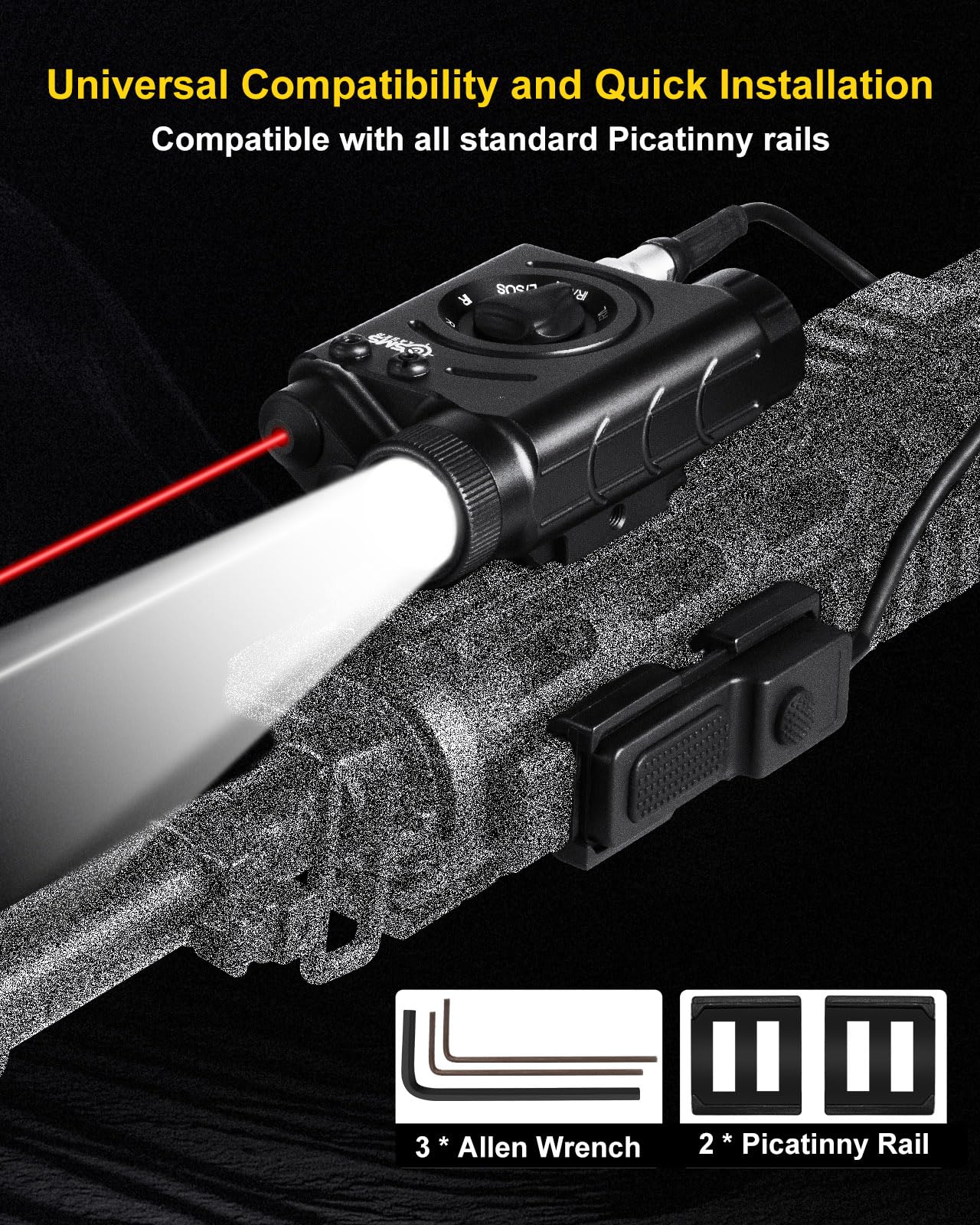 1200 Lumens Tactical LED Flashlight/IR Laser/Red Laser Sight Combo with Remote Pressure Switch, Compatible with All Standard Picatinny/M-LOK Rails, Built-in 3000mAh Rechargeable Battery