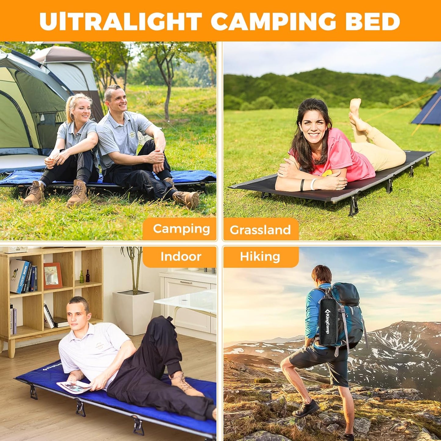 KingCamp Ultralight Camping Cot, Portable Folding Tent Camping Bed, Heavy Duty Sleeping Bed with Pillow for Adults Outdoor Backpacking Travel Hiking, Supports 350LBS, Orange